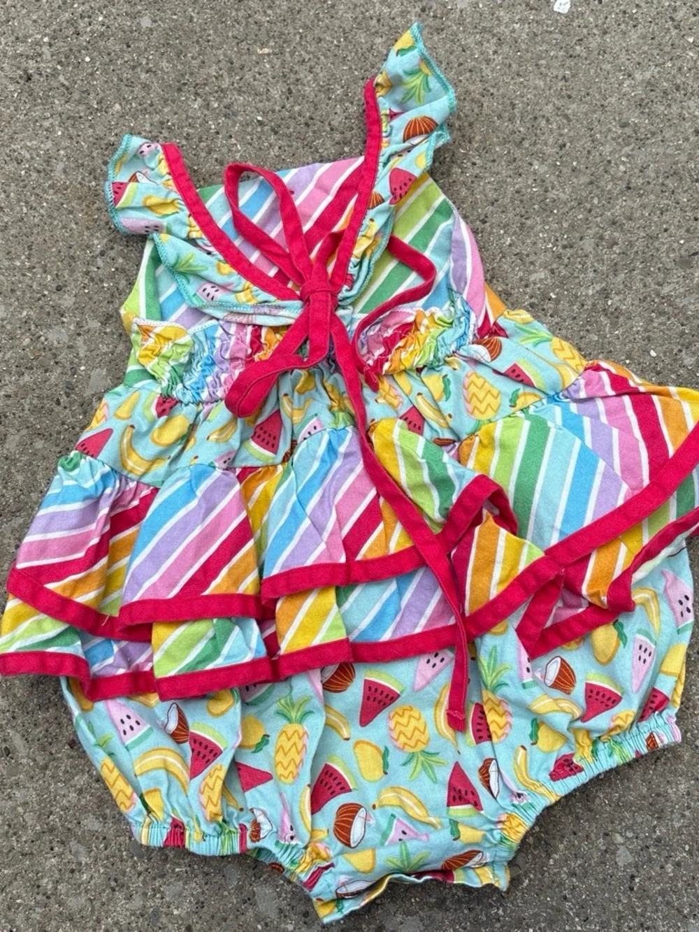 Ricrac & Ruffles colorful striped Fruit print baby girl romper